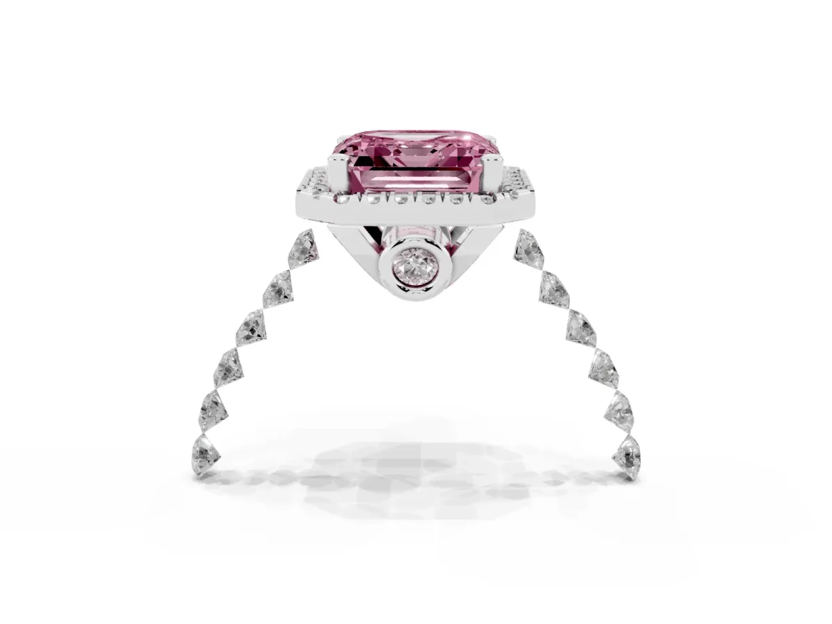 Fancy Pink Asscher Cut Halo Pavé Diamond Engagement Ring with Four-Prong Setting Platinum