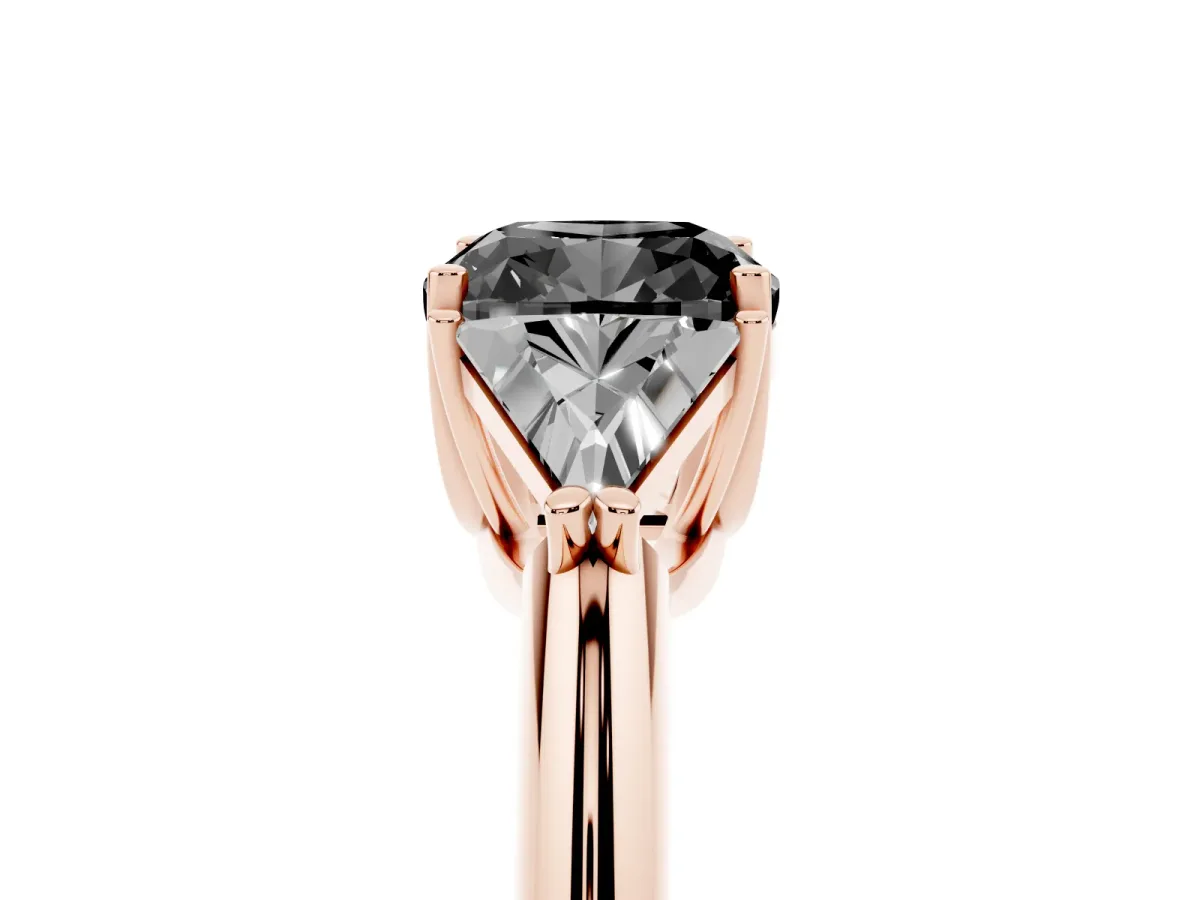 Fancy Black Three-Stone Cushion Cut Diamond Engagement Ring with Trillion Side Stones and Prong Setting Rose gold