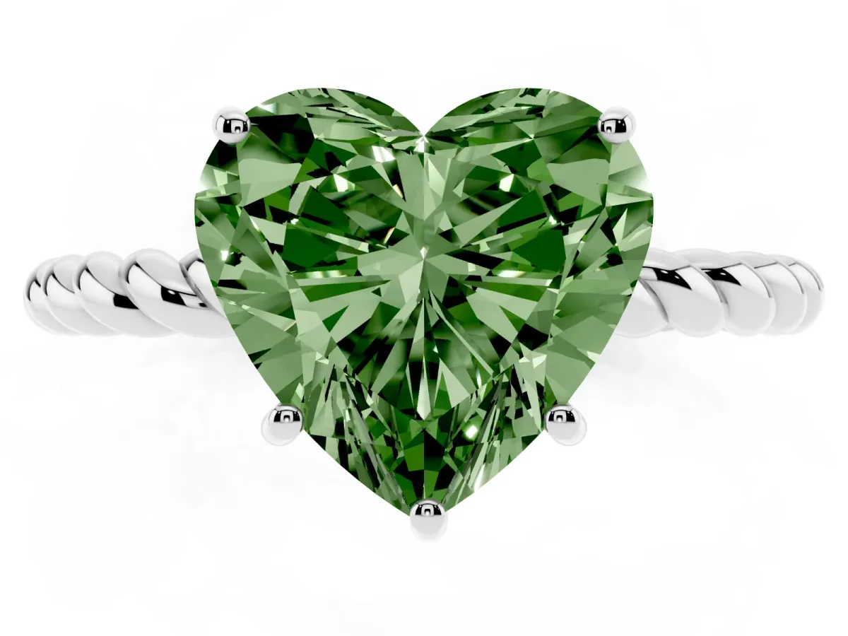 Fancy Green Heart Cut Solitaire Twist Band Ring with Four-Prong Setting Silver