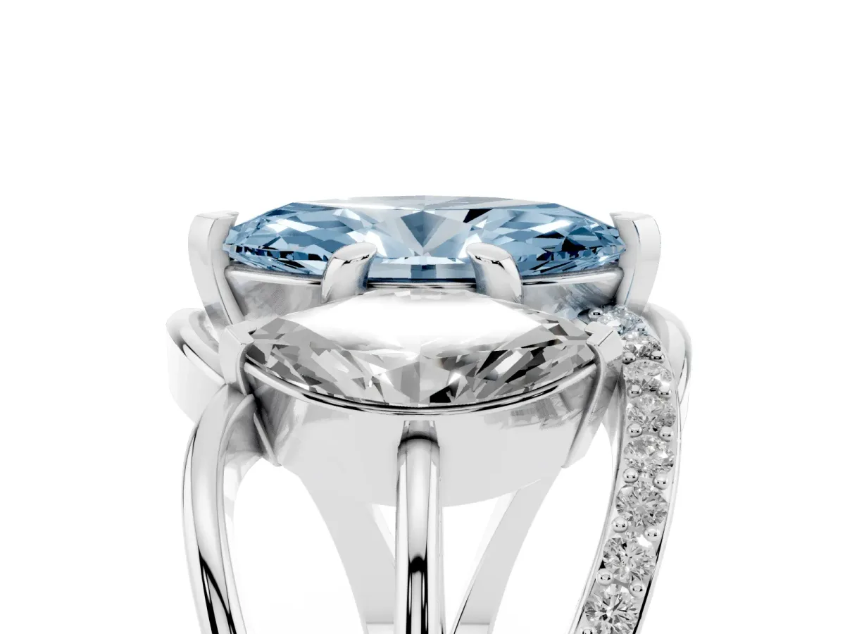 Fancy Blue Three-Stone Marquise Cut Cut Diamond Split Shank Prong Set Ring White gold