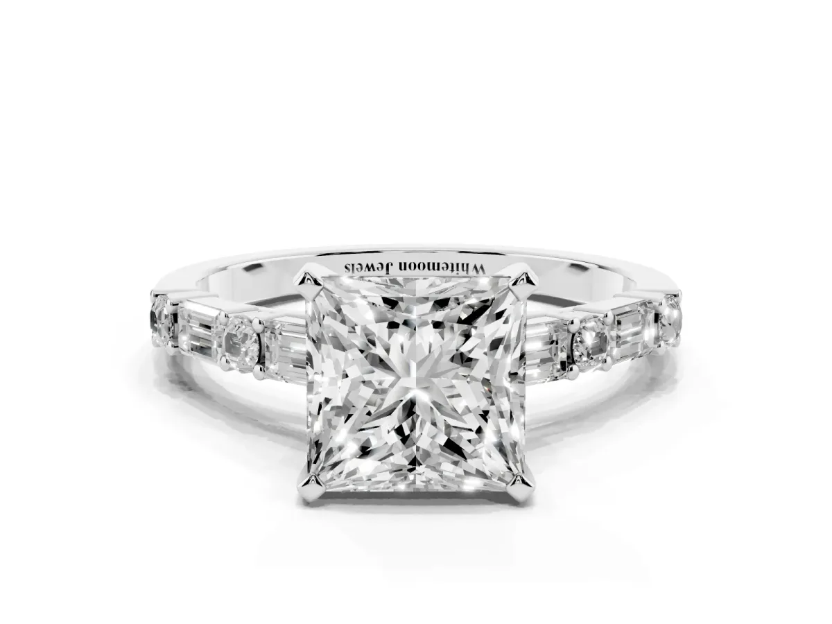 Princess Cut Diamond Solitaire with Side Baguettes and Channel Set Band Silver