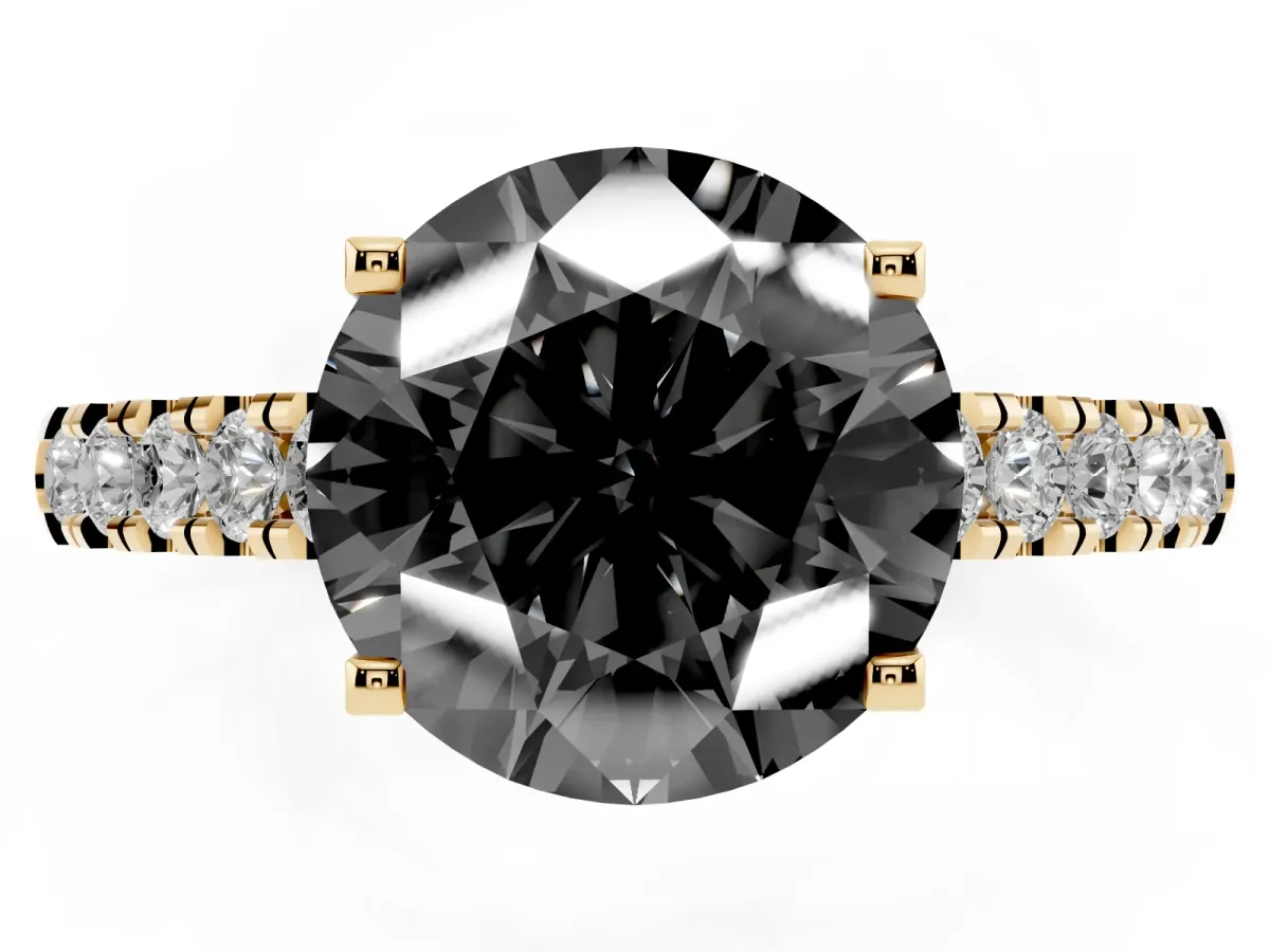 Fancy Black Round Cut Diamond Pavé Band Solitaire Ring with Prong Setting Yellow gold