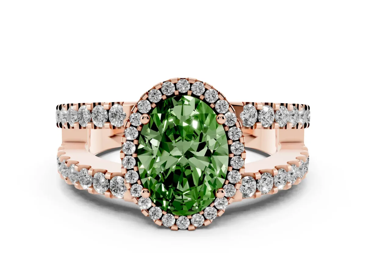 Fancy Green Oval Cut Cut Halo Split Shank Diamond Ring with Four-Prong Setting Rose gold