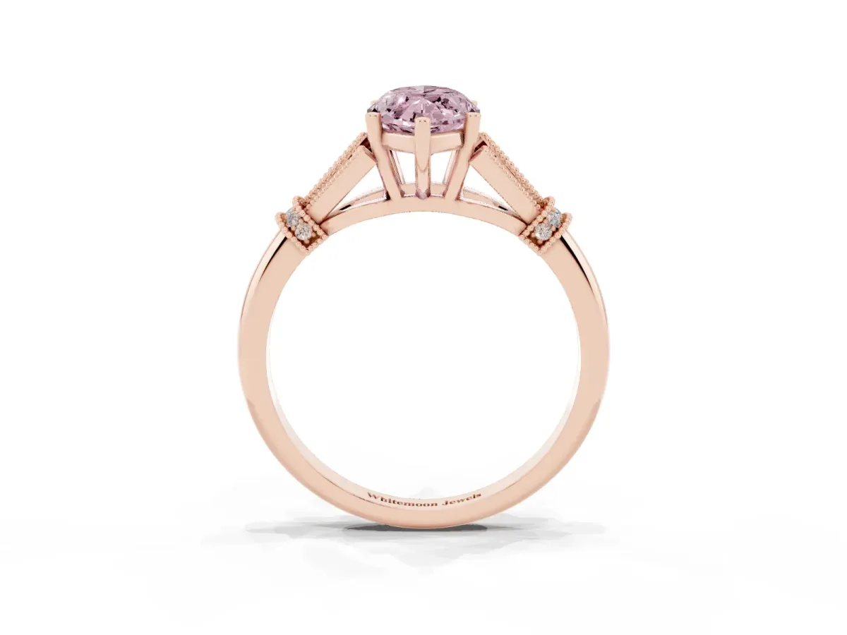 Fancy Pink Marquise Cut Diamond Solitaire Ring with Floral Filigree and Pave Accents Rose gold