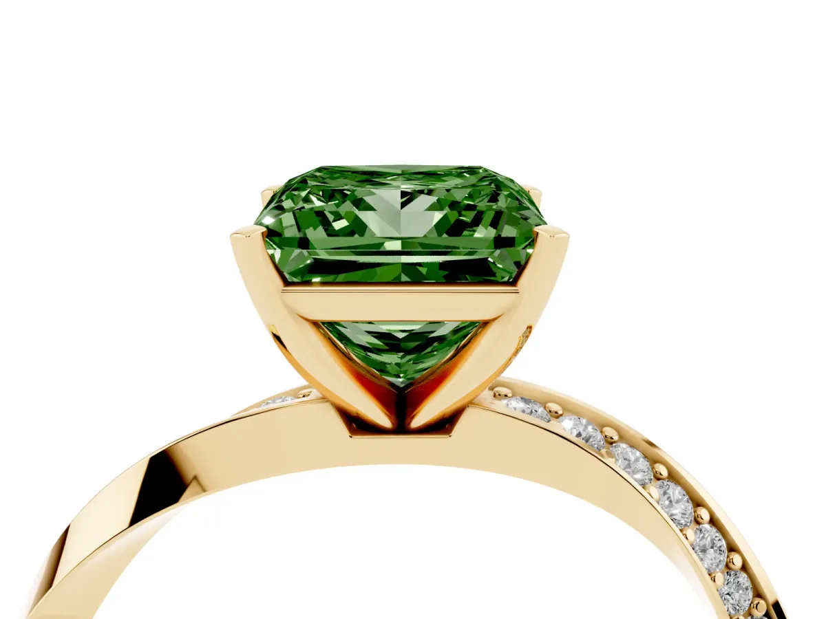 Fancy Green Princess Cut Diamond Engagement Ring with Side Stone Accents and Four-Prong Setting Yellow gold
