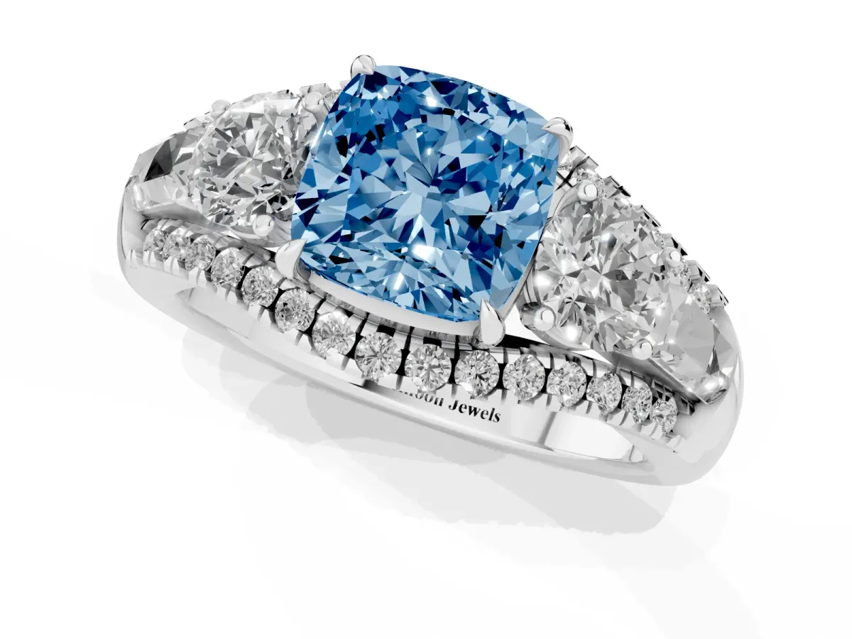 Fancy Blue Three-Stone Cushion Cut Diamond Engagement Ring with Pave Band and Prong Setting Platinum