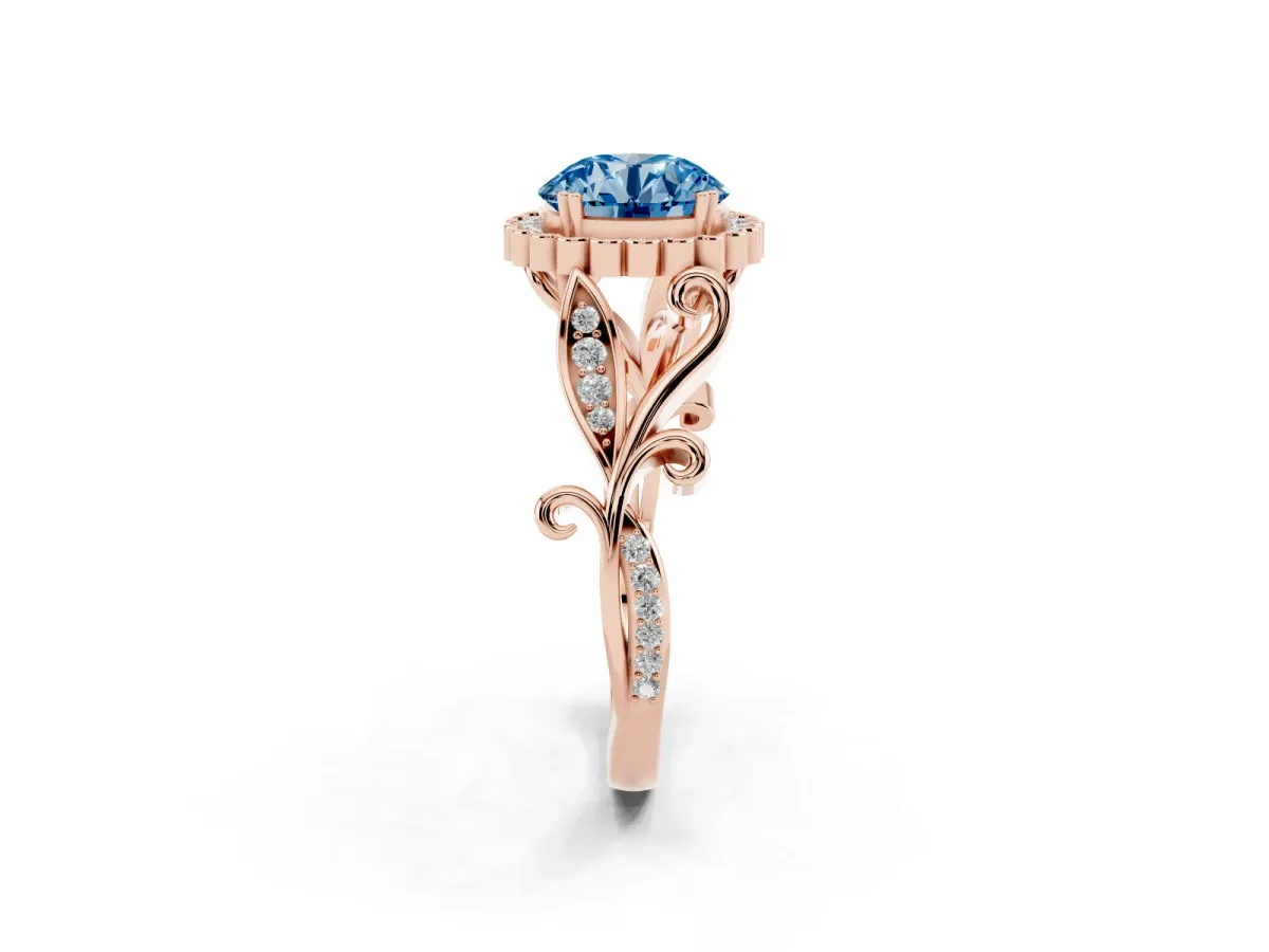 Fancy Blue Round Cut Diamond Halo Ring with Vintage Split Shank and Four-Prong Setting Rose gold