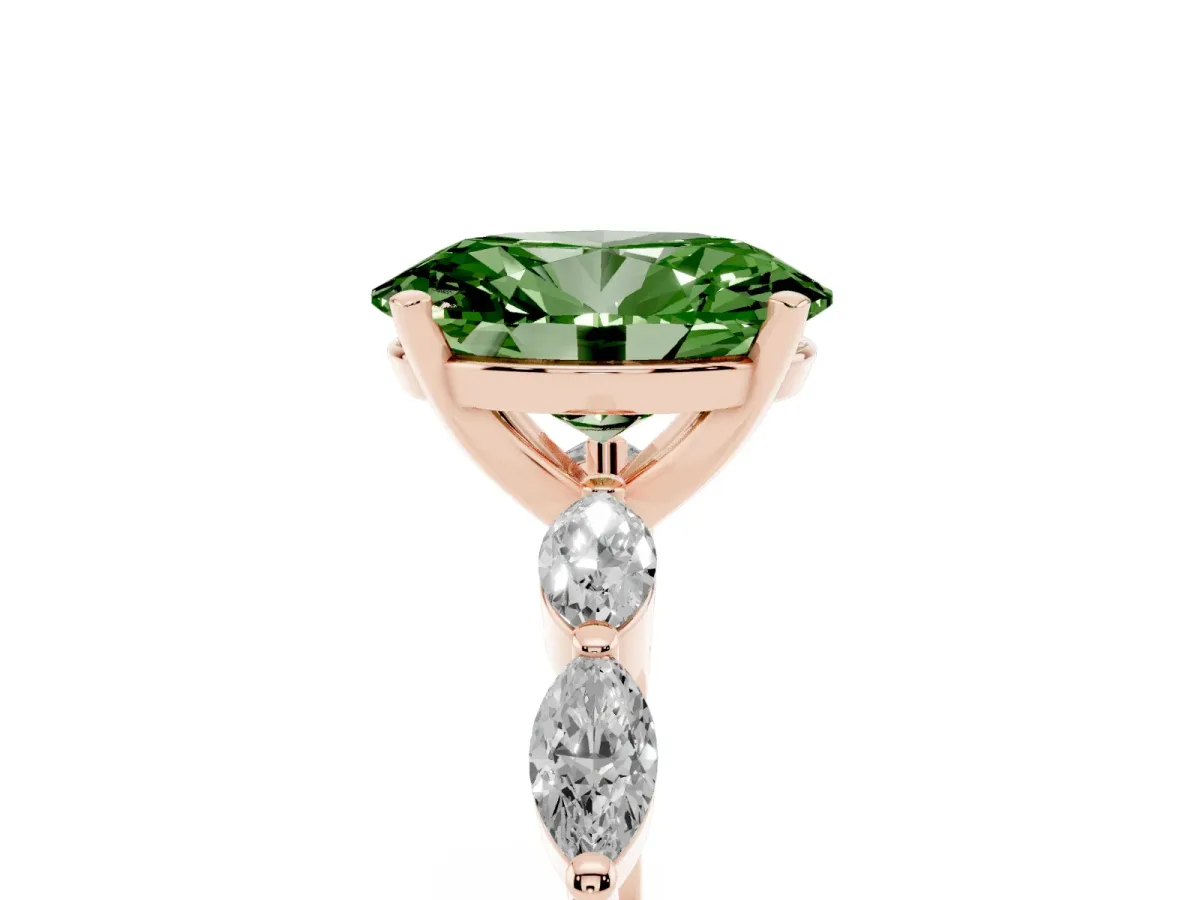 Fancy Green Oval Cut Diamond Ring with Marquise Side Stones and Prong Setting Rose gold