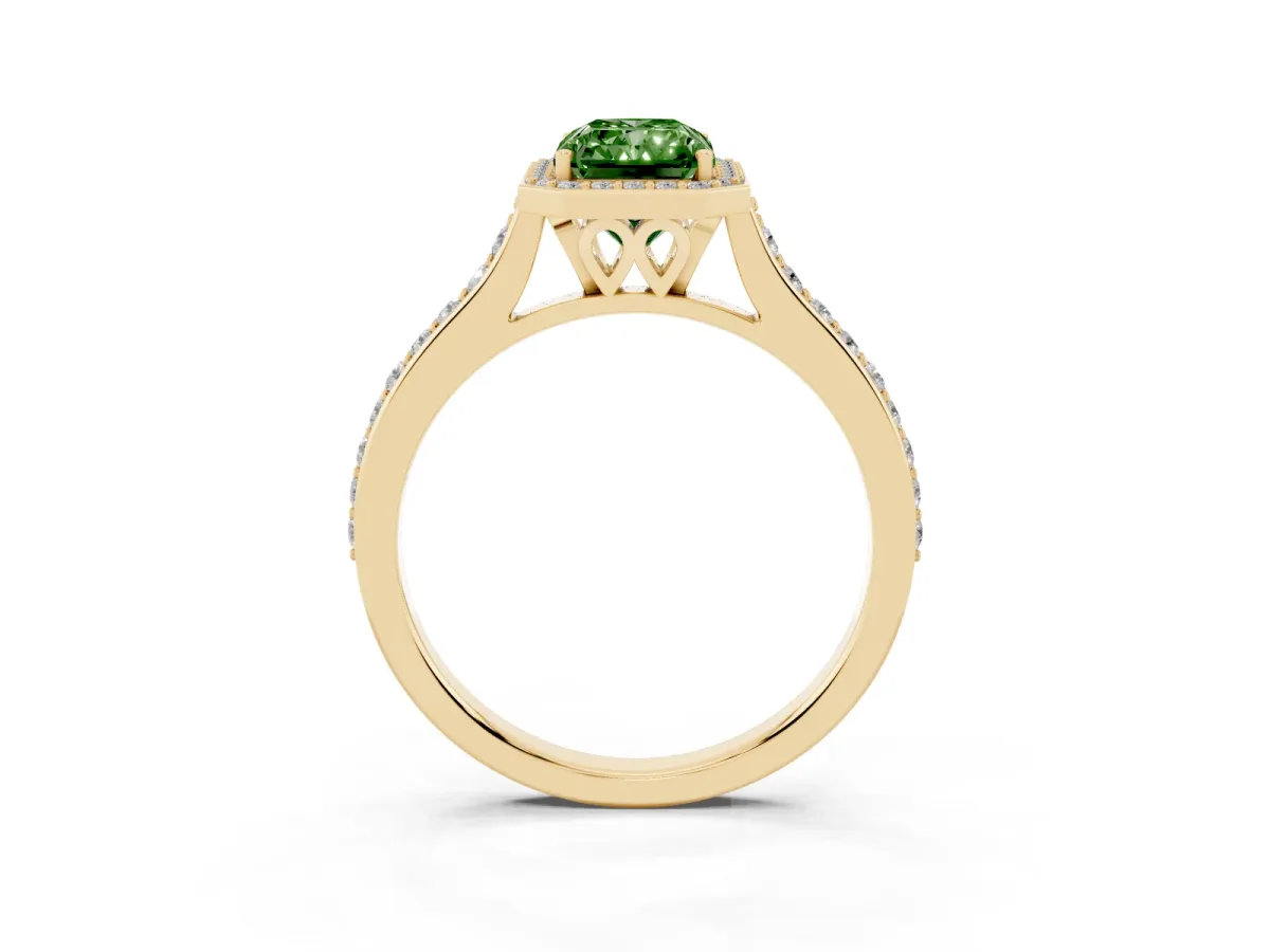 Fancy Green Radiant Cut Diamond Halo Engagement Ring with Round Pavé Shoulders and Prong Setting Yellow gold