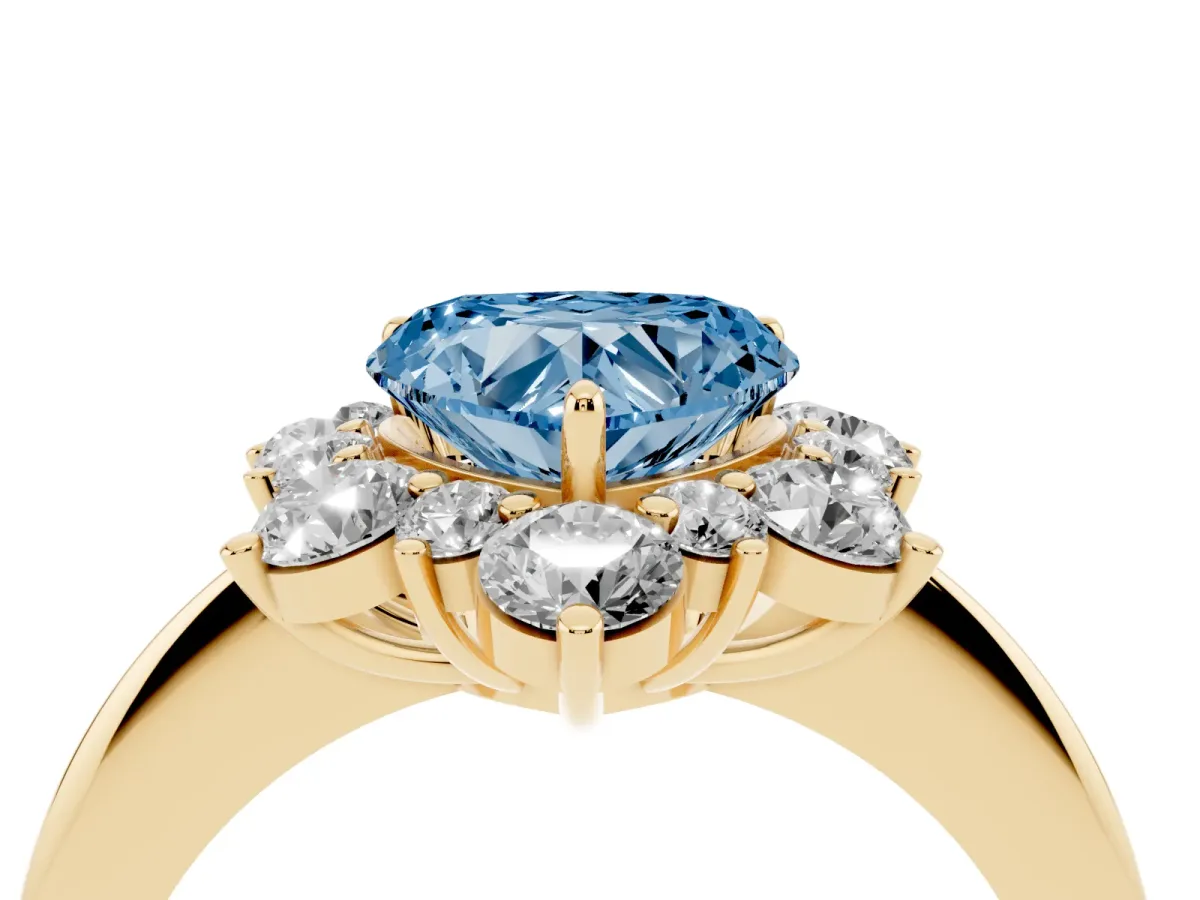 Fancy Blue Heart Cut Diamond Cluster Halo Ring with Solitaire Band and Four-Prong Setting Yellow gold