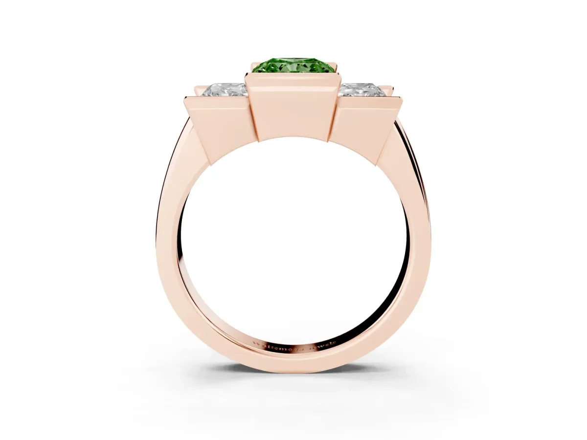 Fancy Green Three Stone Radiant Cut Cut Channel Set Diamond Ring Rose gold