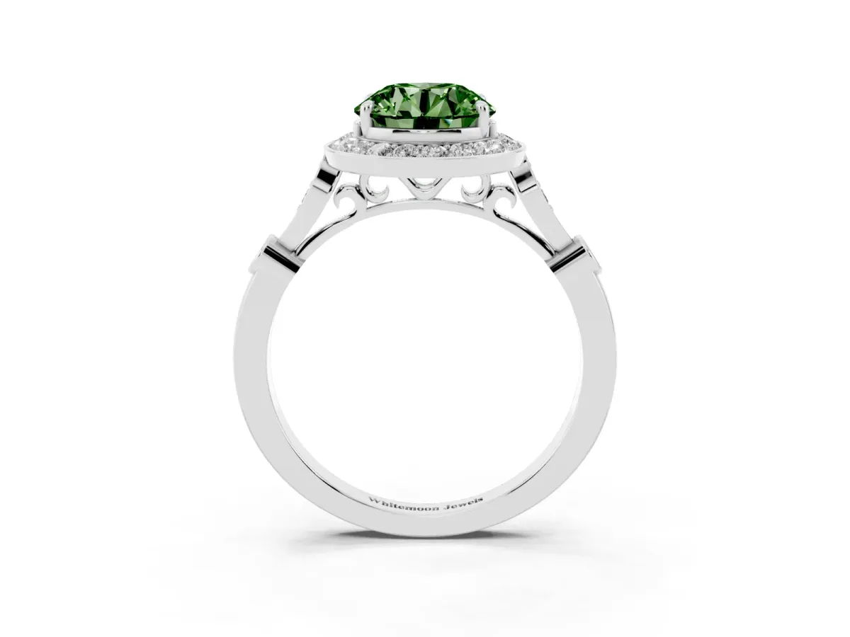 Fancy Green Round Cut Halo Diamond Engagement Ring with Twisted Band and Four-Prong Setting Platinum