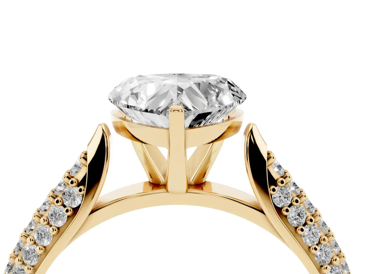 Heart Cut Diamond Solitaire Engagement Ring with Multi-Row Round Pavé Band and Prong Setting Yellow gold