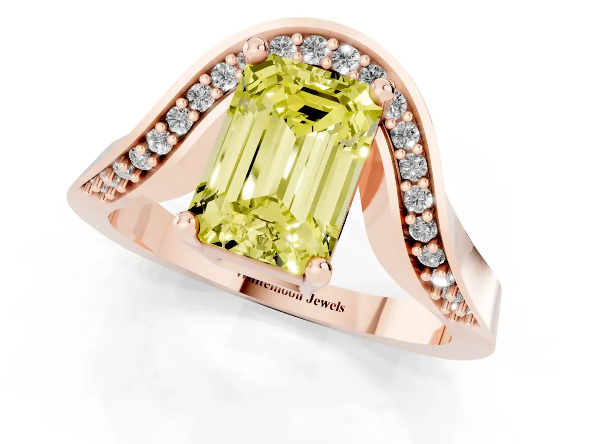 Fancy Yellow Emerald Cut Solitaire Diamond Engagement Ring with Pave Band and Four-Prong Setting Rose gold