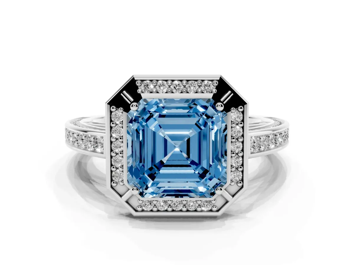 Fancy Blue Asscher Cut Cut Halo Pave Split Shank Prong Setting Ring Platinum