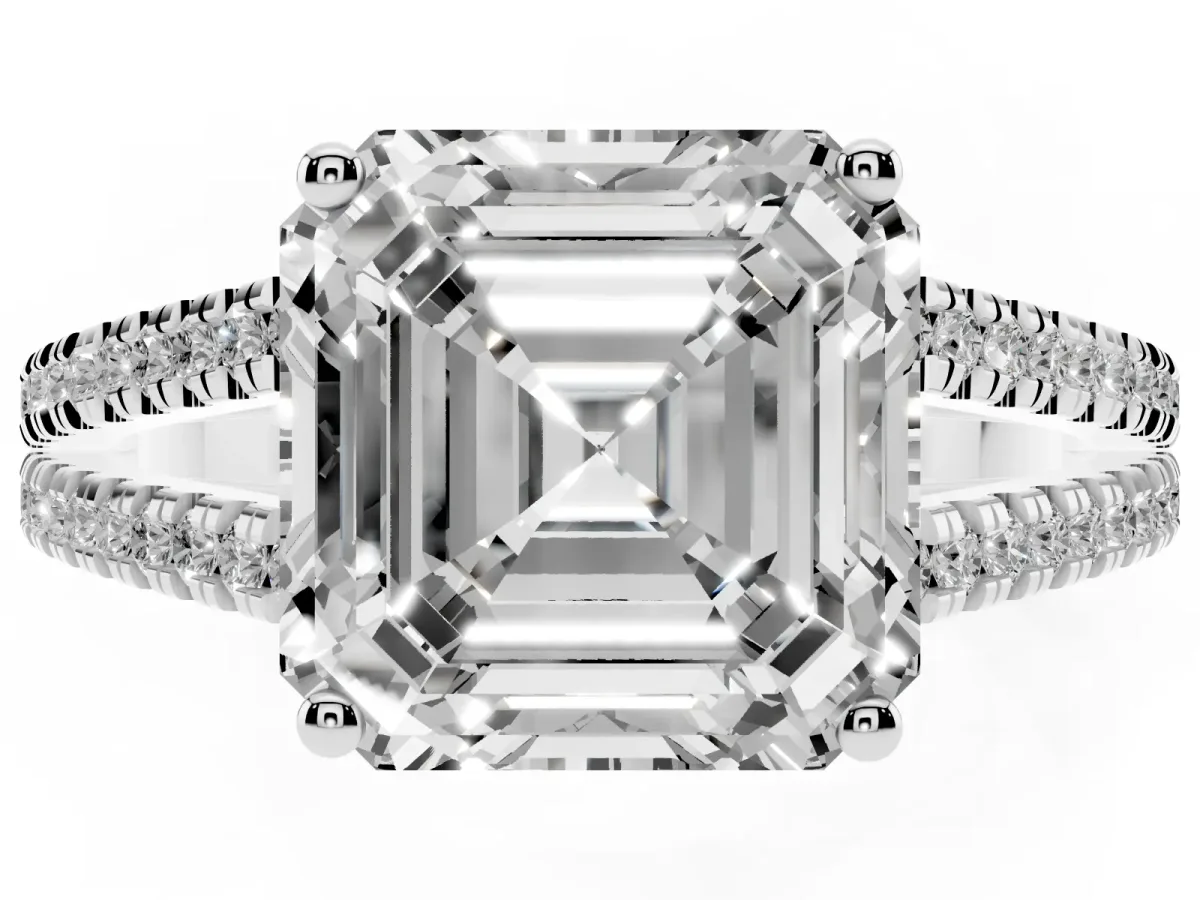 Asscher Cut Diamond Solitaire Engagement Ring with Split Shank Pavé Band Platinum