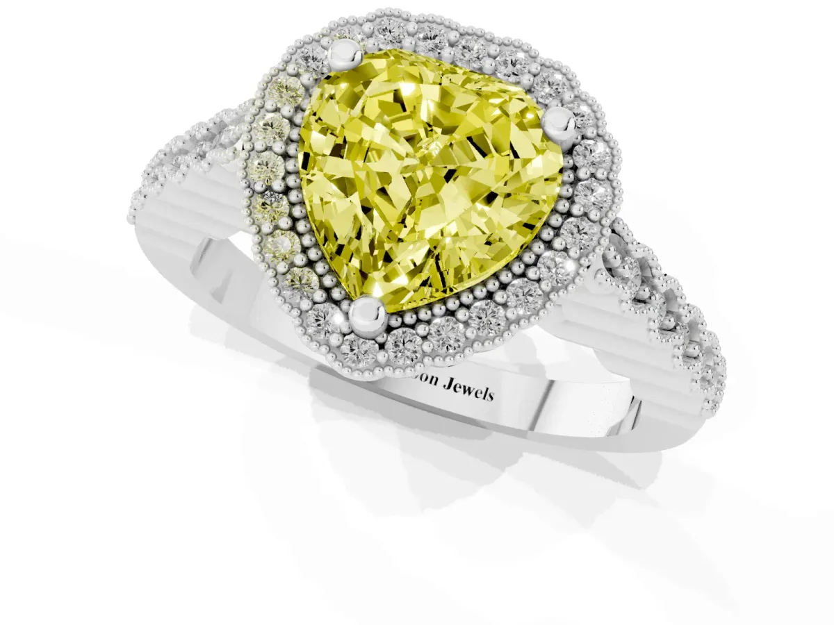Fancy Yellow Heart Cut Cut Halo Pavé Solitaire Ring with Milgrain Band Silver