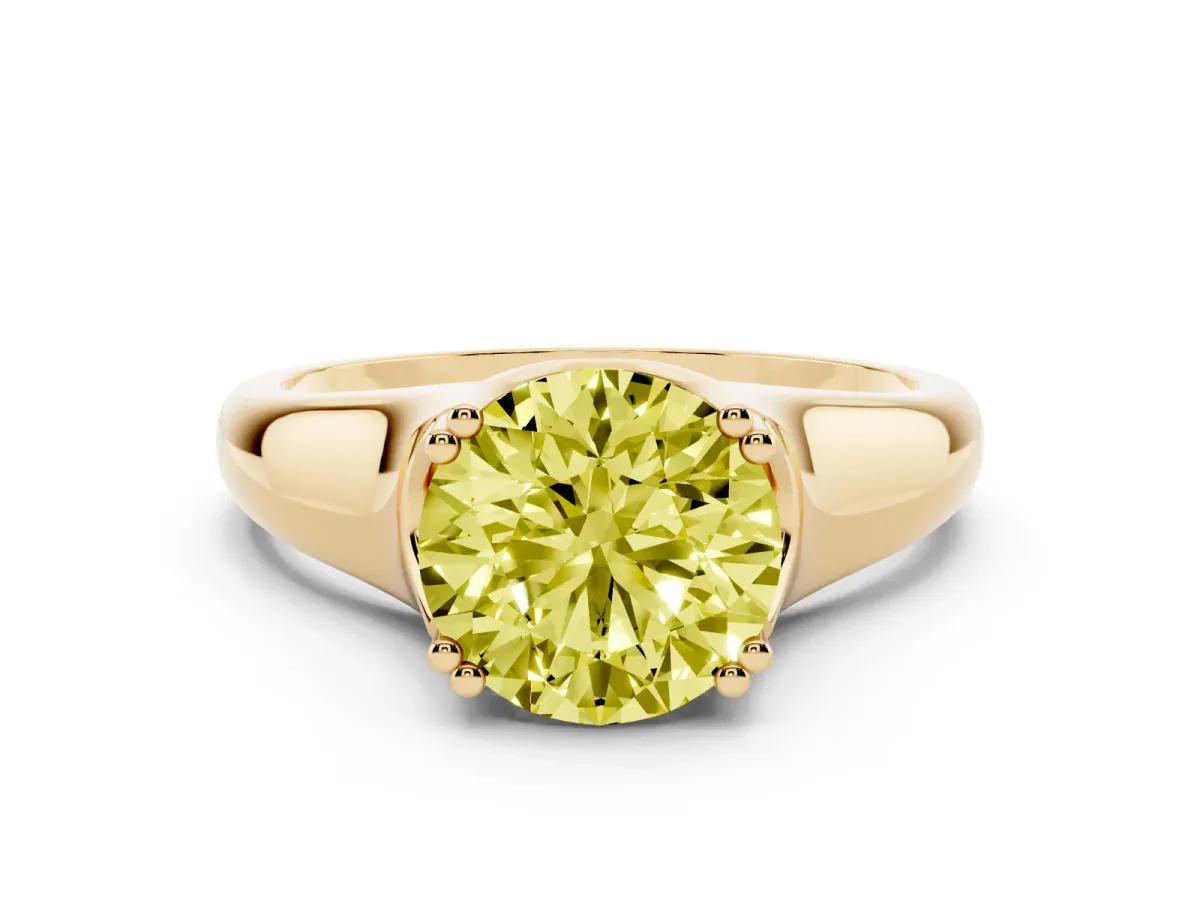 Fancy Yellow Round Cut Diamond Solitaire Ring with Wide Band and Prong Setting Yellow gold