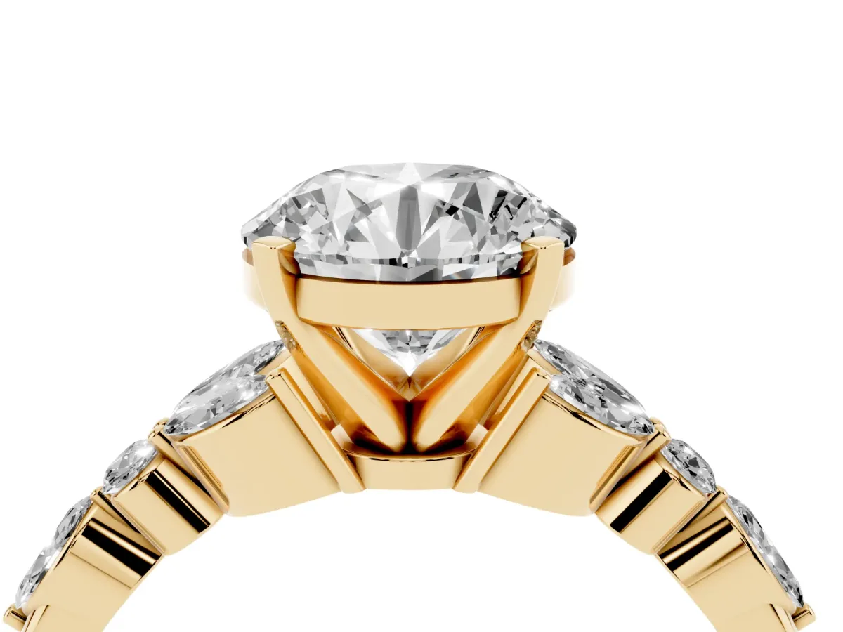 Round Cut Diamond Solitaire Ring with Side Stones and Four-Prong Setting Yellow gold