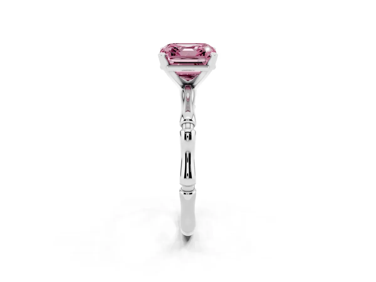 Fancy Pink Asscher Cut Solitaire Diamond Ring with Bamboo Band and Four-Prong Setting Silver