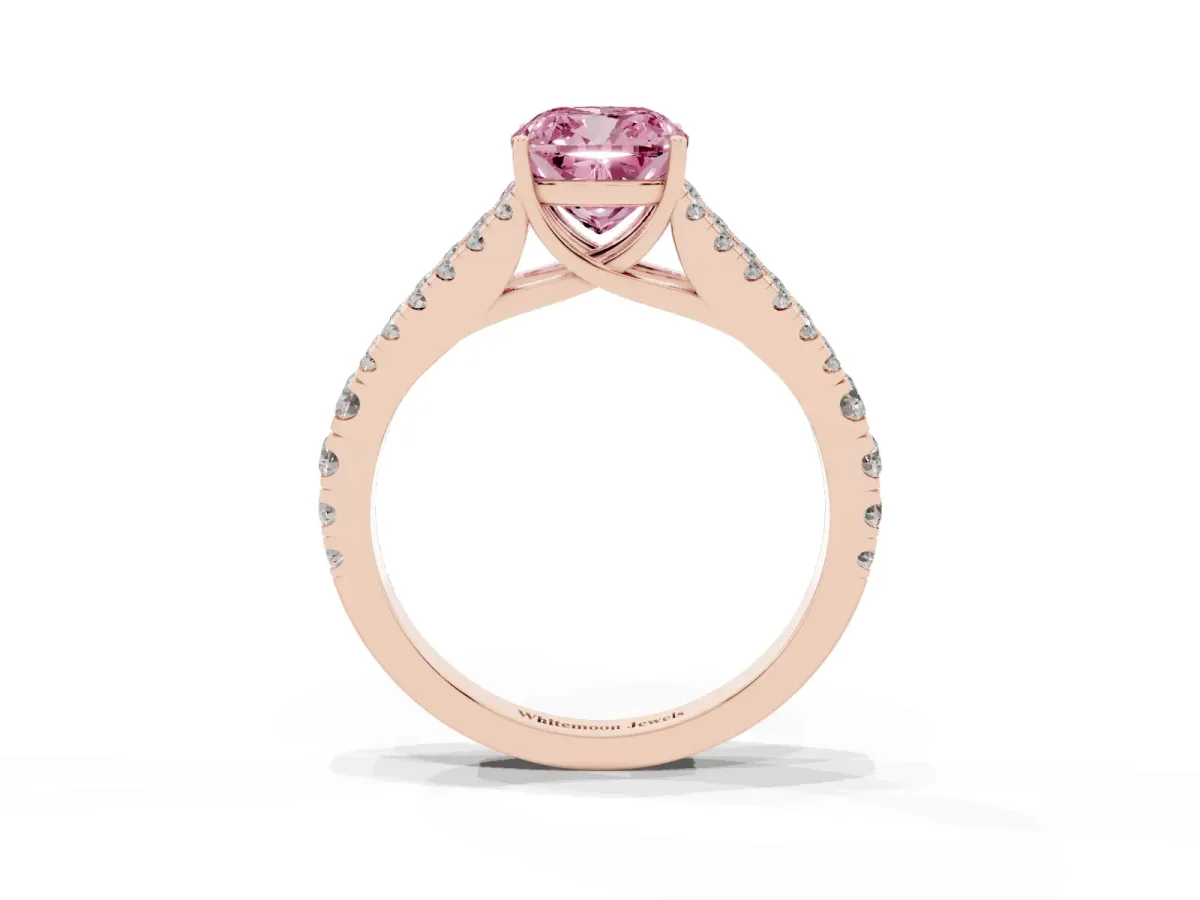 Fancy Pink Cushion Cut Diamond Split Shank Pavé Engagement Ring with Four-Prong Setting Rose gold