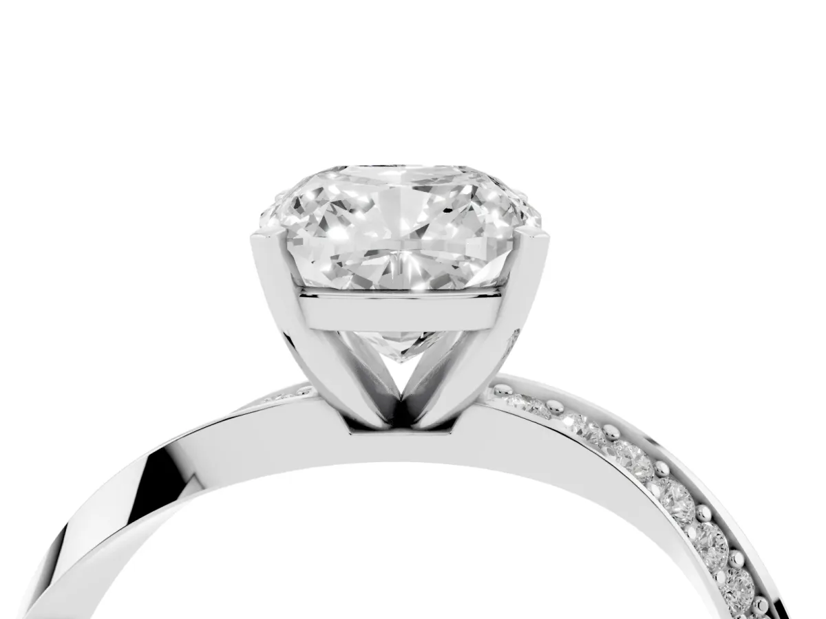 Cushion Cut Diamond Engagement Ring with Side Stone Accents and Four-Prong Setting Silver