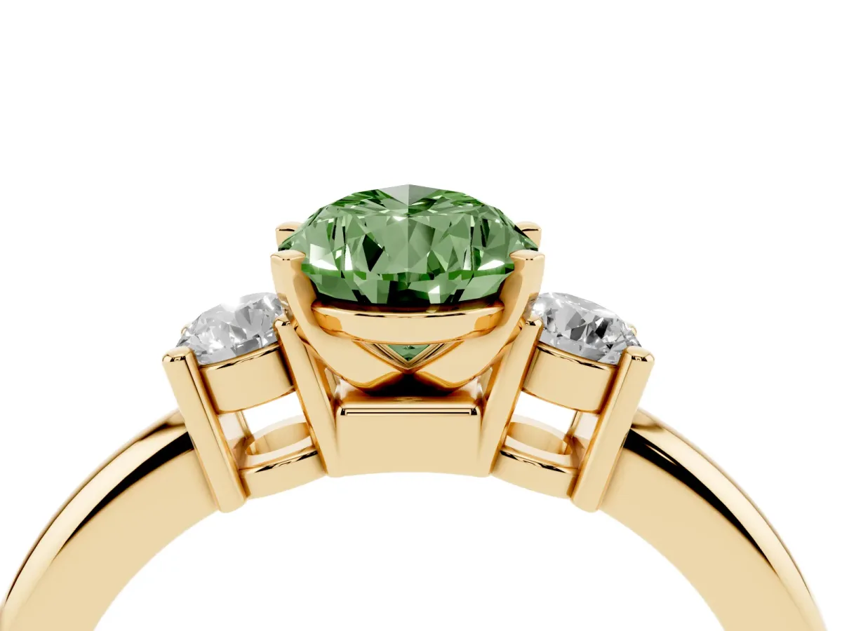 Fancy Green Three-Stone Pear Cut Cut Diamond Solitaire with Prong Setting and Classic Band Yellow gold