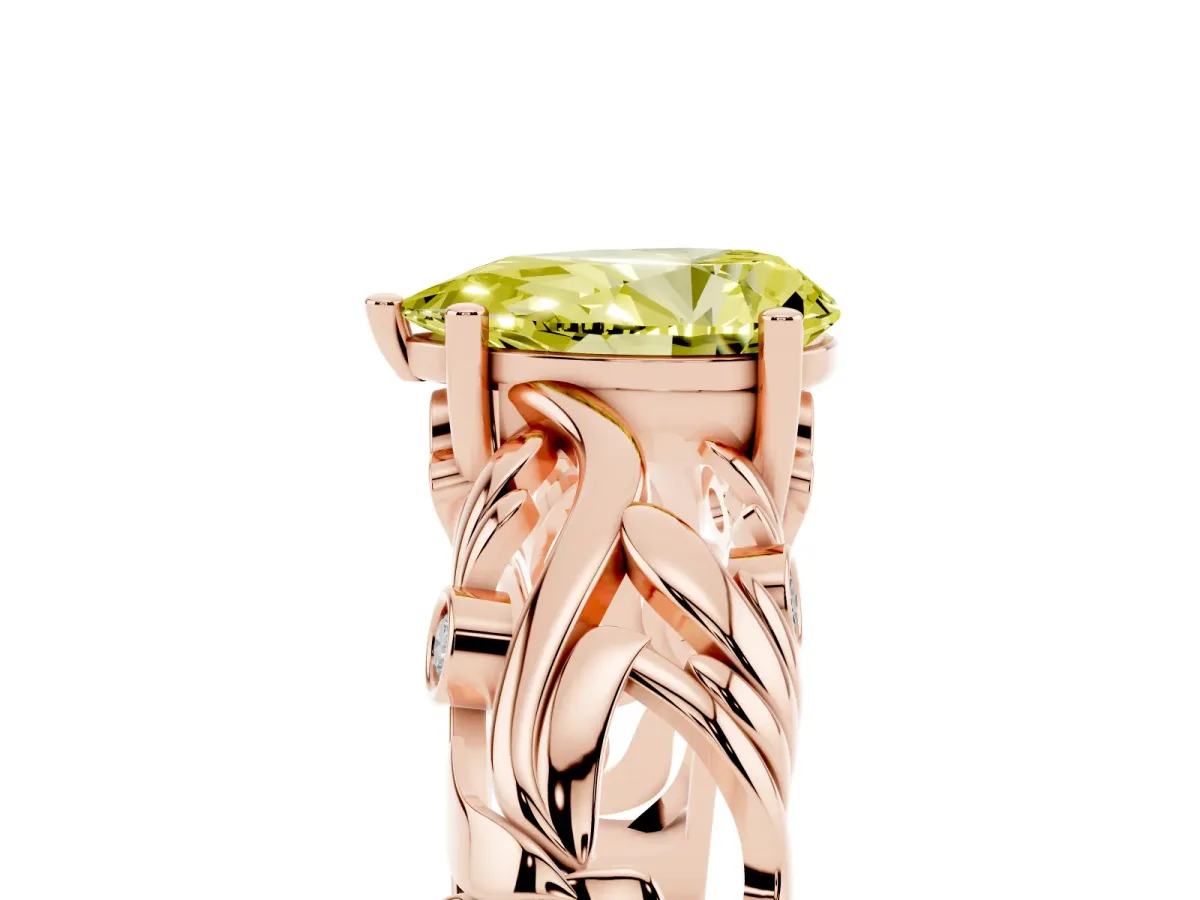 Fancy Yellow Pear Cut Solitaire Diamond Leaf-Inspired Vine Band Ring with Prong Setting Rose gold