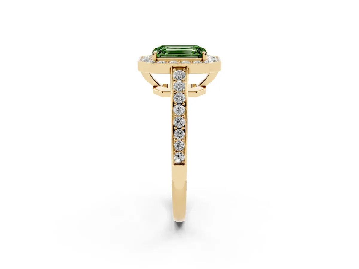 Fancy Green Emerald Cut Halo Pavé Diamond Engagement Ring with Bezel Setting Yellow gold