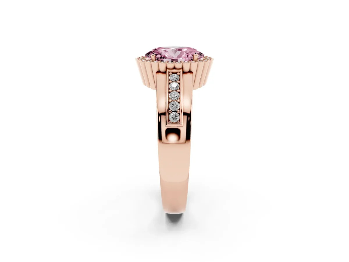 Fancy Pink Oval Cut Cut Halo Pave Band Four-Prong Ring Rose gold