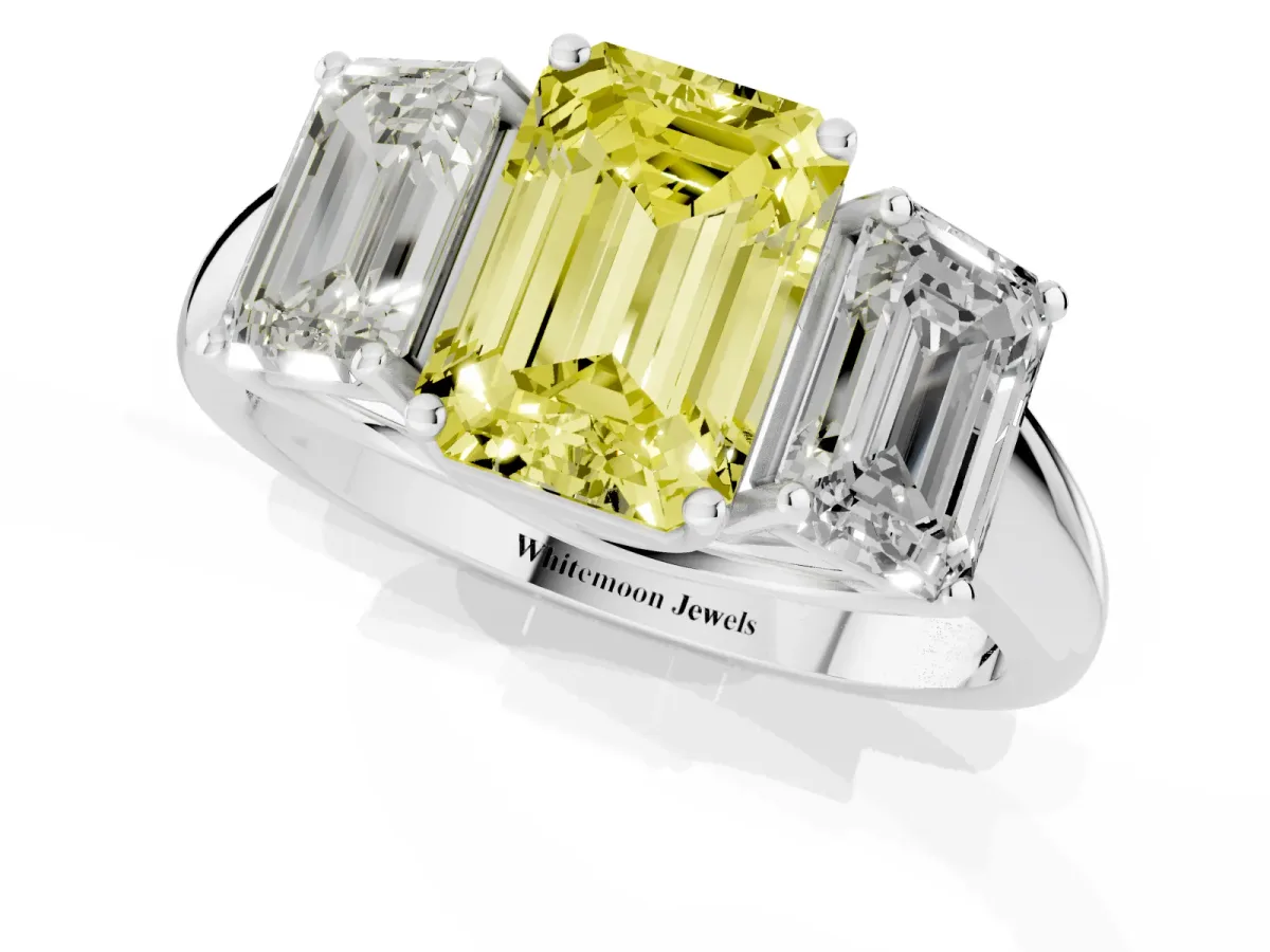 Fancy Yellow Three-Stone Emerald Cut Diamond Engagement Ring with Prong Setting White gold