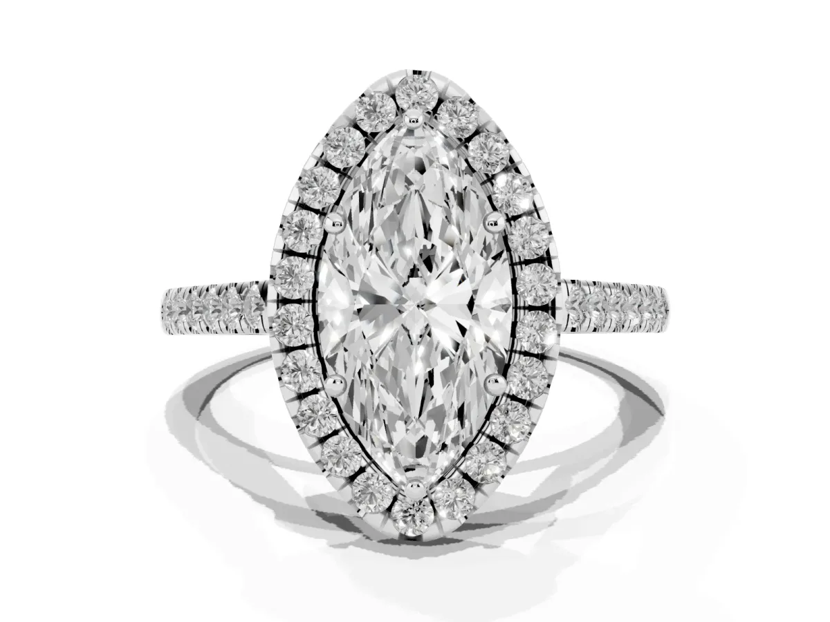 Marquise Cut Halo Pavé Diamond Engagement Ring with Four-Prong Setting Silver