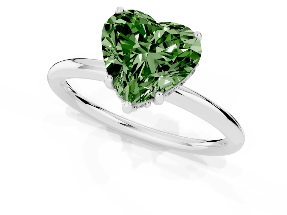 Fancy Green Heart Cut Solitaire Diamond Ring with a Classic Band and Four-Prong Setting Platinum
