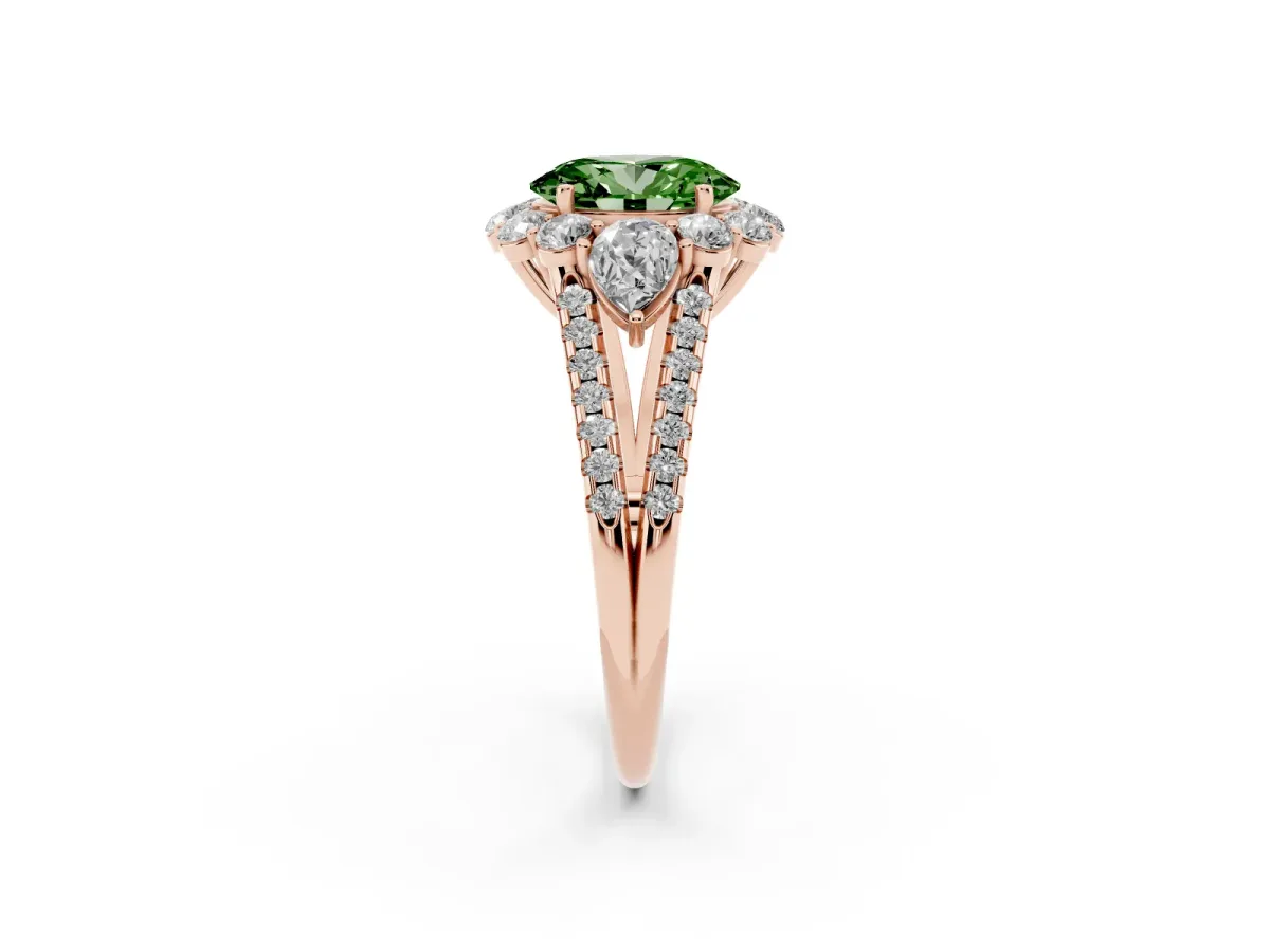 Fancy Green Oval Cut Halo Split Shank Diamond Engagement Ring with Prong Setting Rose gold