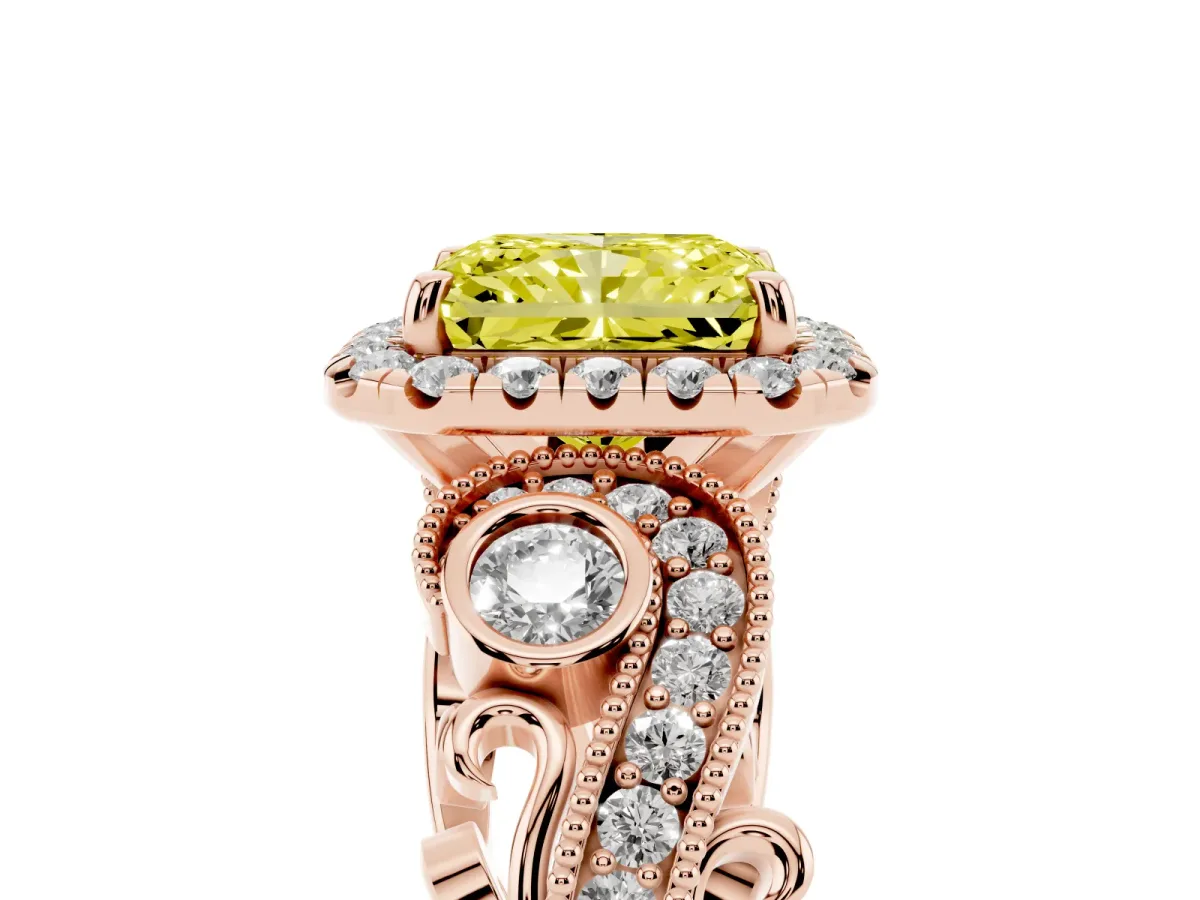 Fancy Yellow Radiant Cut Diamond Halo Ring with Milgrain Pavé Band and Four-Prong Setting Rose gold