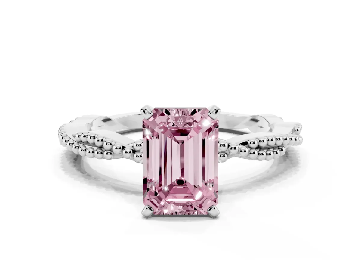 Fancy Pink Emerald Cut Solitaire Twisted Band with Bead Prong Setting Platinum