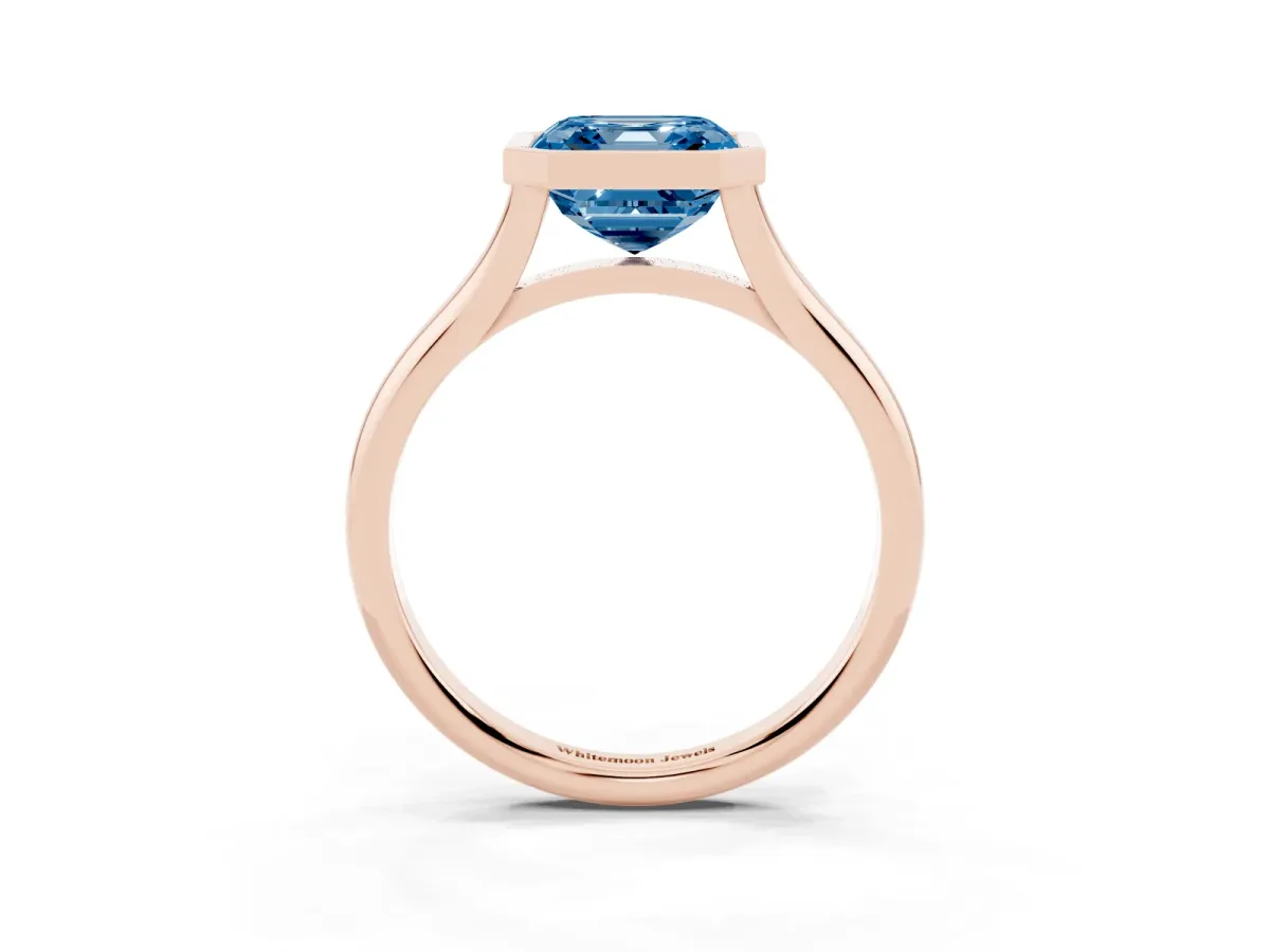 Fancy Blue Bezel Set Asscher Cut Cut Solitaire Ring with Tapered Band Rose gold