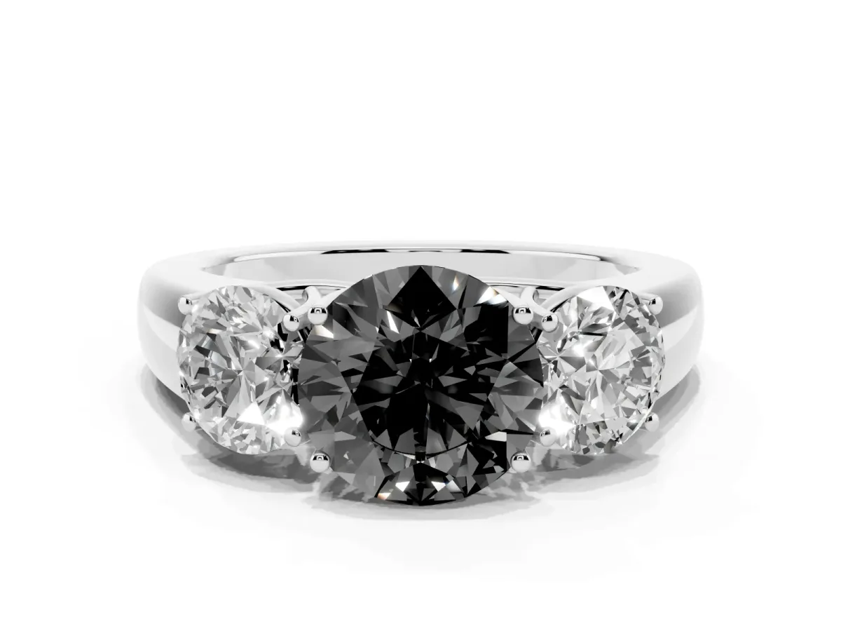 Fancy Black Three-Stone Round Cut Cut Diamond Ring with Prong Setting and Classic Band Silver