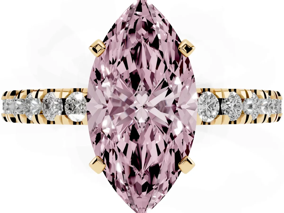 Fancy Pink Marquise Cut Solitaire Diamond with Pavé Band and Four-Prong Setting Yellow gold