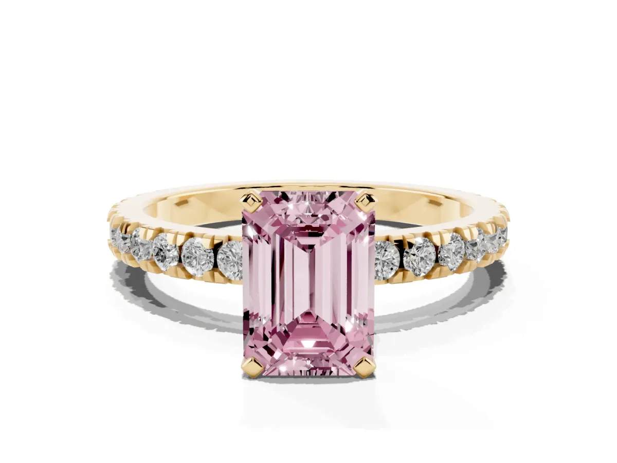 Fancy Pink Emerald Cut Diamond Pavé Band Solitaire with Four-Prong Setting Yellow gold