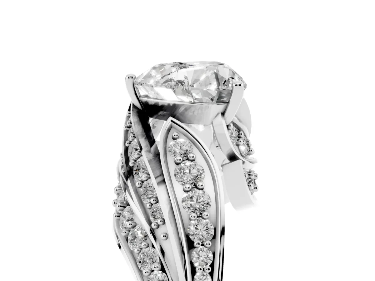 Heart Cut Diamond Solitaire Ring with Prong Setting and Twisted Pavé Band Silver