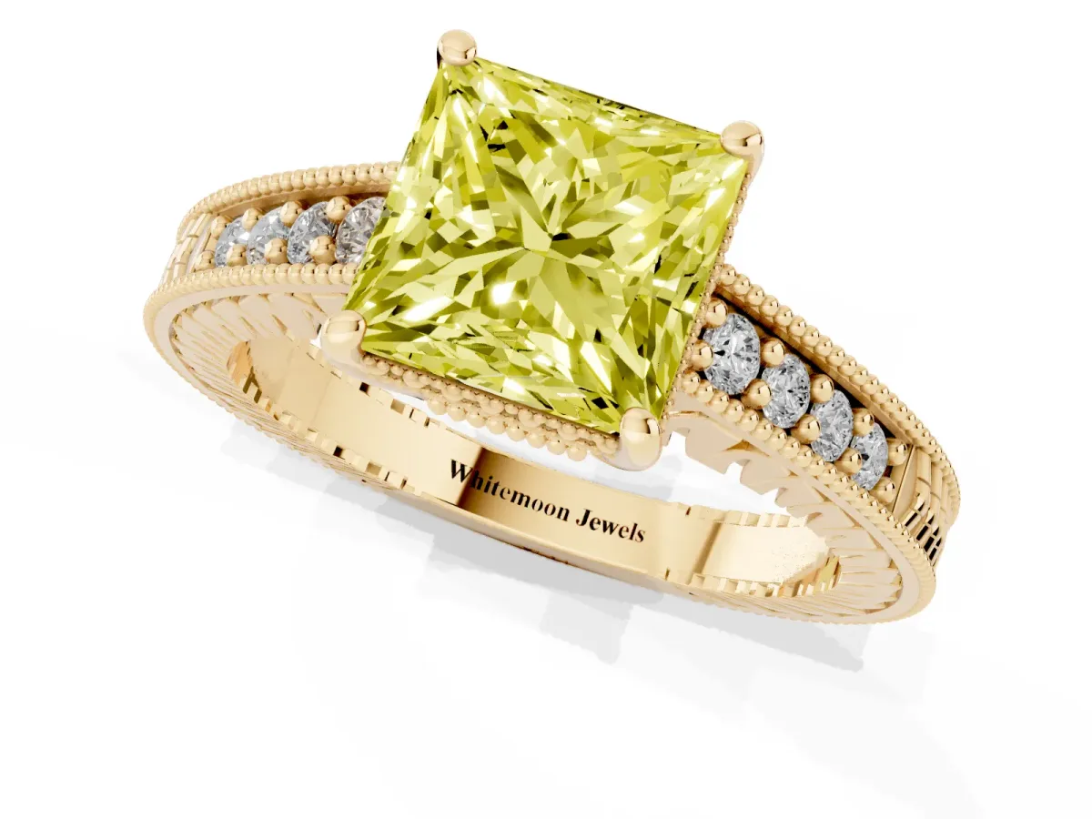 Fancy Yellow Princess Cut Solitaire Pavé Diamond Milgrain Engagement Ring with Four-Prong Setting Yellow gold