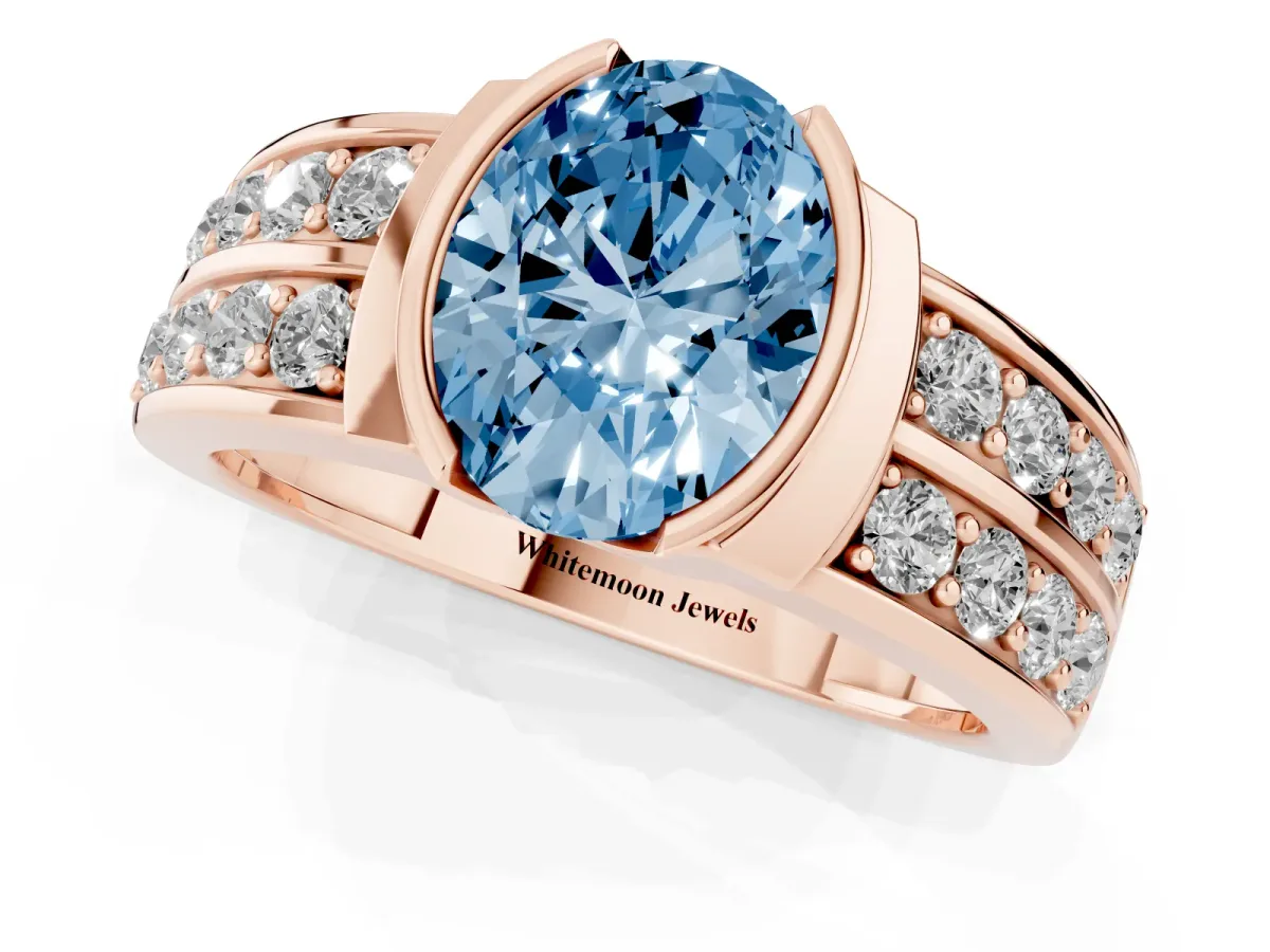 Fancy Blue Oval Cut Brilliant Diamond Channel Set Wide Band Ring with Bezel Setting Rose gold