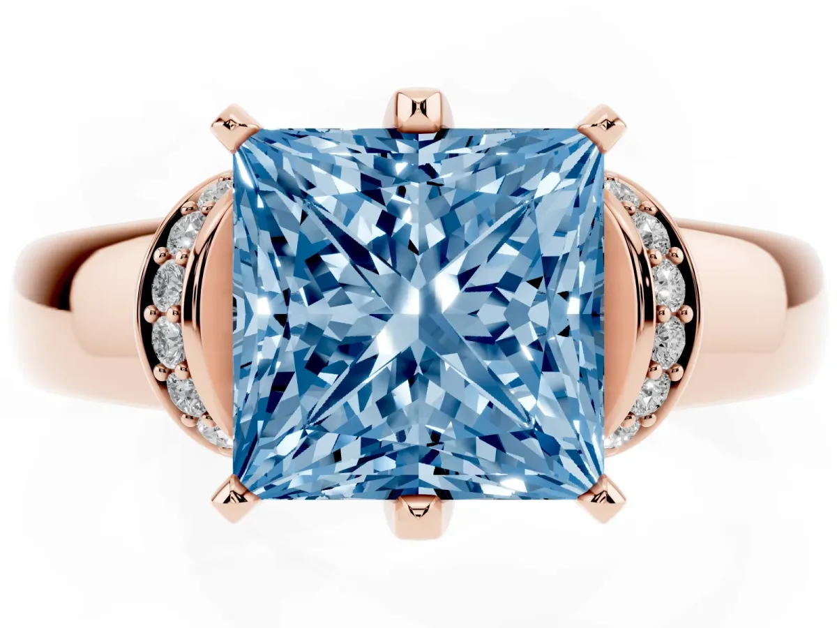 Fancy Blue Princess Cut Solitaire Diamond Ring with Pave Band and Six-Prong Setting Rose gold