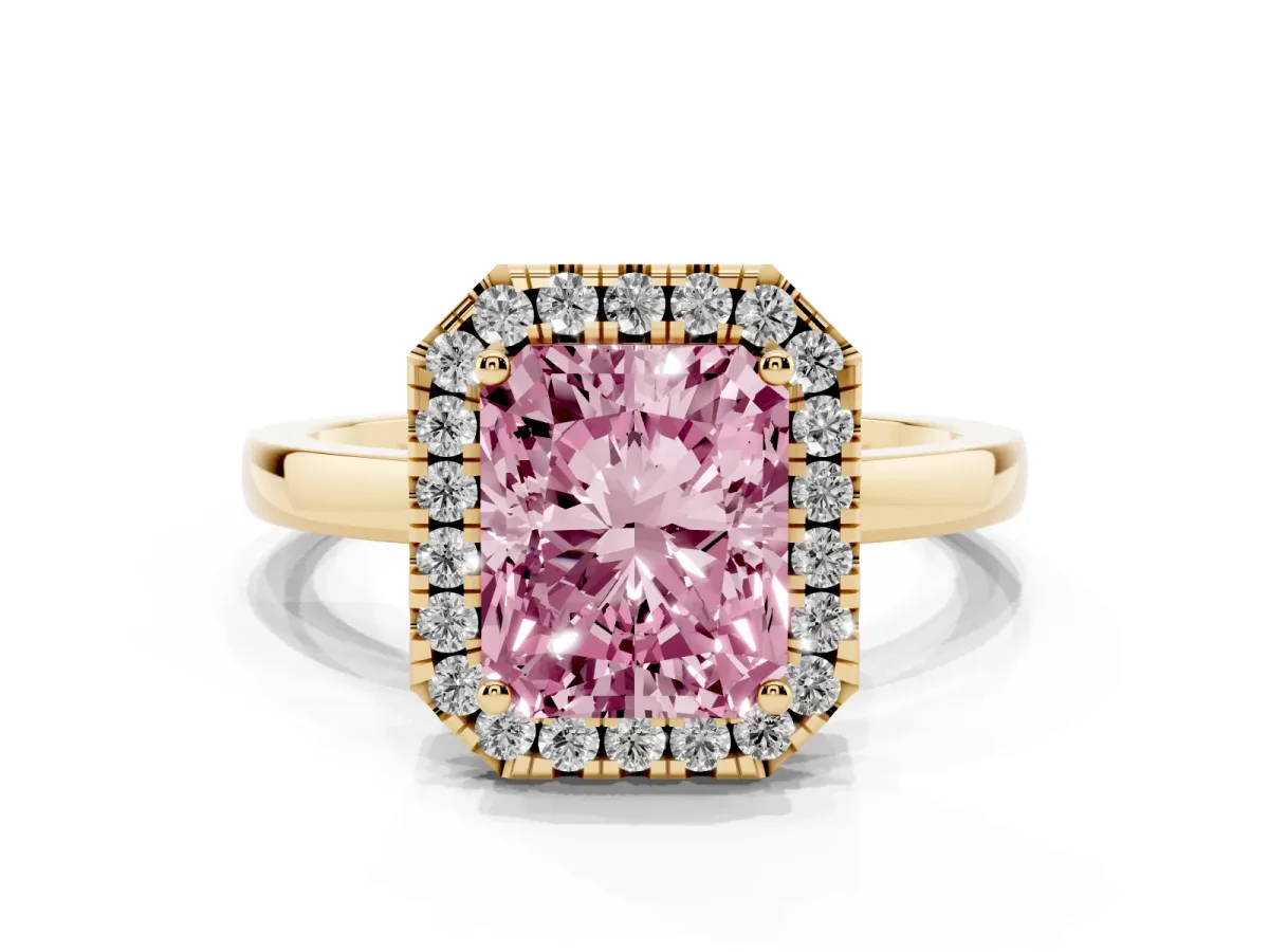Fancy Pink Radiant Cut Halo Diamond Solitaire with Pavé Band and Four-Prong Setting Yellow gold