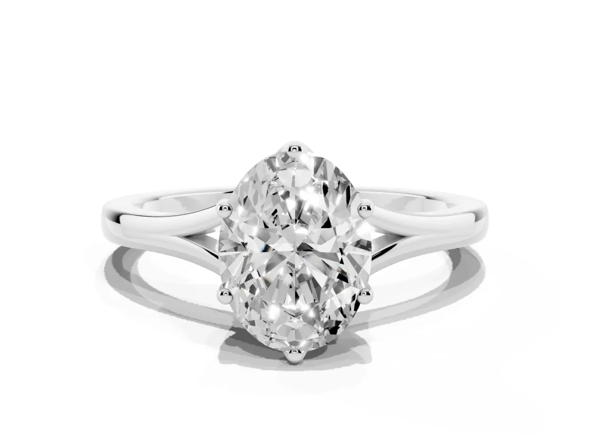 Oval Cut Solitaire Diamond Ring with Six-Prong Setting and Tapered Band Platinum