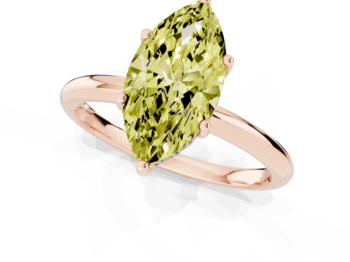 Fancy Yellow Marquise Cut Cut Solitaire Engagement Ring with Four-Prong Setting and Classic Band Rose gold