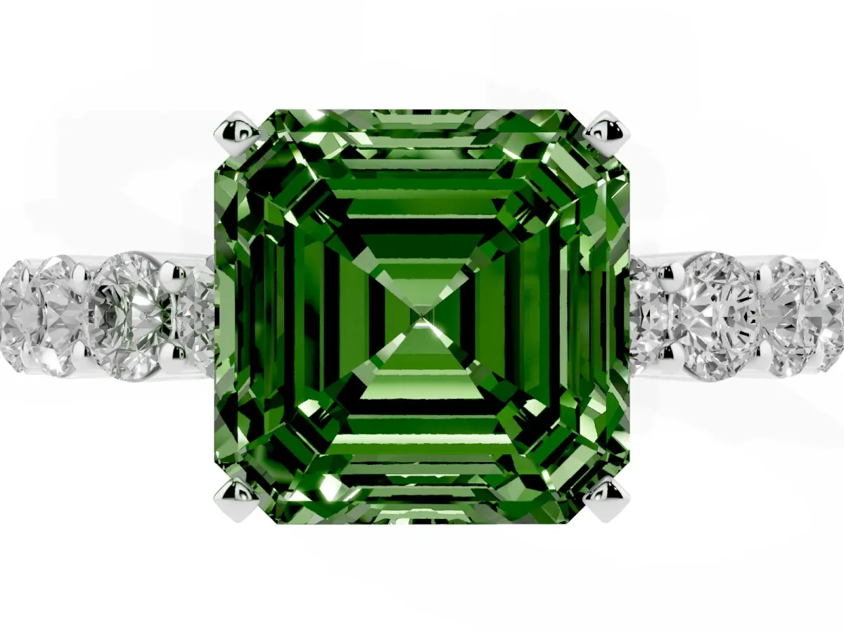 Fancy Green Asscher Cut Diamond Solitaire Ring with Shared Prong Round Side Stones Silver