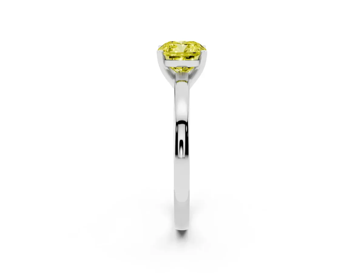 Fancy Yellow Cushion Cut Solitaire Diamond Engagement Ring with Four-Prong Setting on a Classic Band Silver