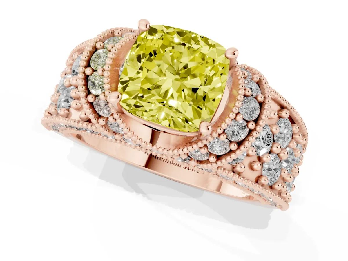 Fancy Yellow Cushion Cut Halo Pave Diamond Engagement Ring with Milgrain Detailing Rose gold